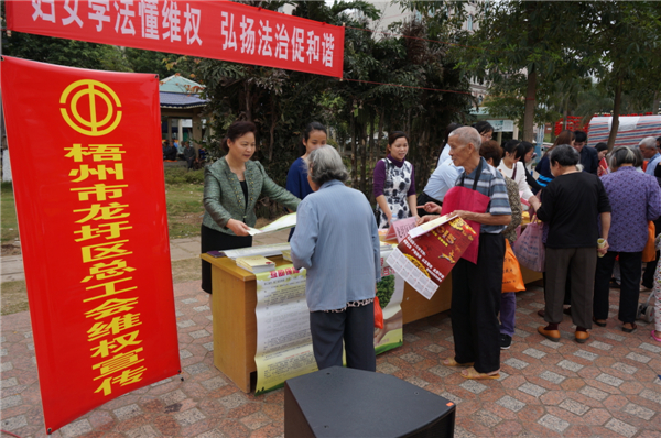 龍圩區(qū)總工會在2015年3月開展迎&ldquo;三八&rdquo;婦女維權(quán)月普法活動，以&ldquo;婦女法治懂維權(quán)，頌揚法治促和諧&rdquo;為指導(dǎo)思想，開展了以&ldquo;